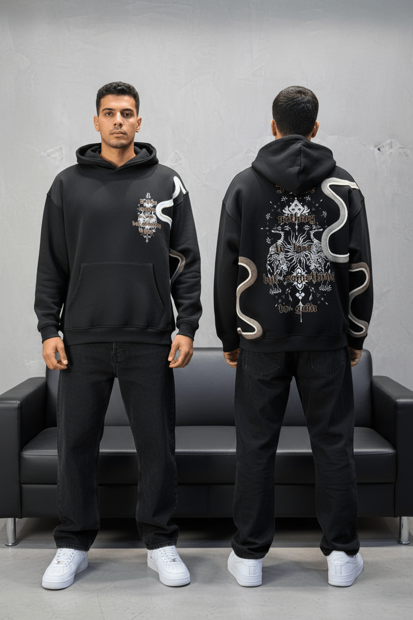 Hoodie Noir Broderie Dragons Argentée 4985 - ZG PREMIUM