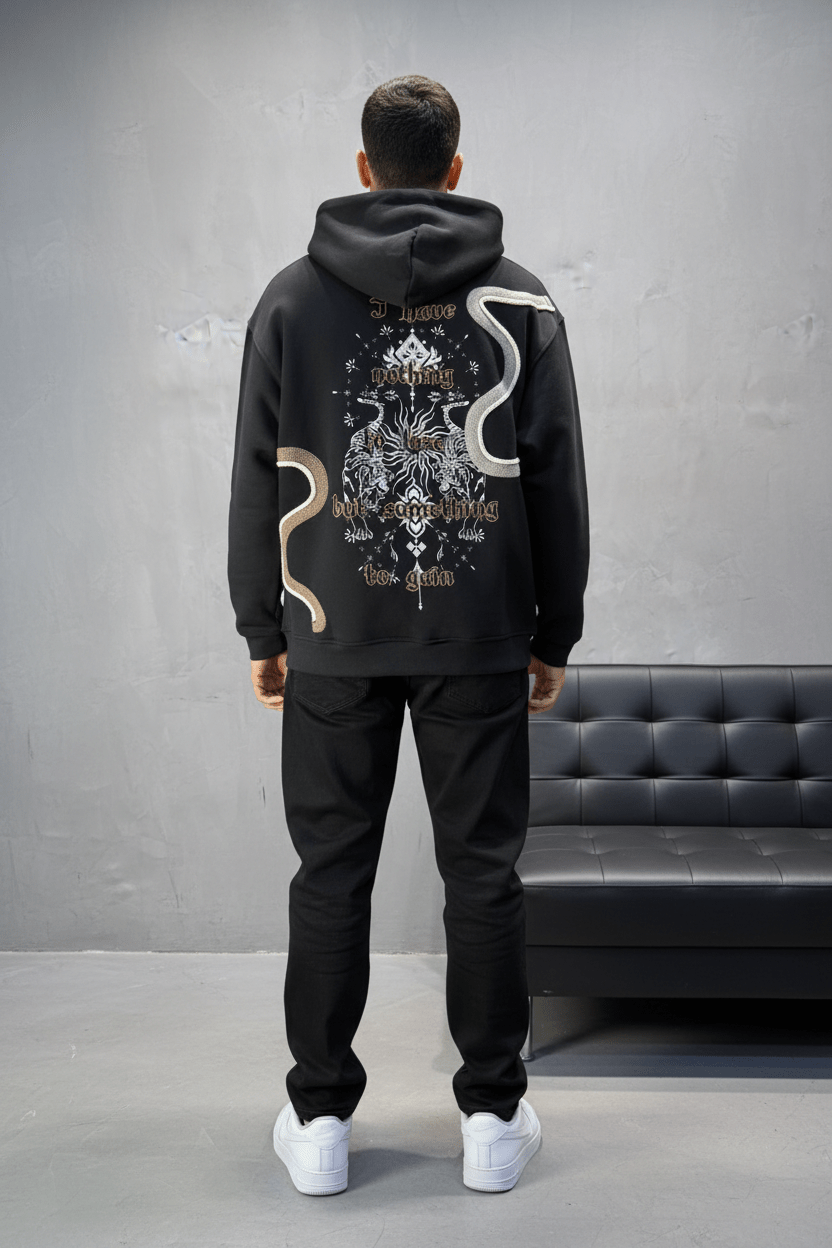 Hoodie Noir Broderie Dragons Argentée 4985 - ZG PREMIUM