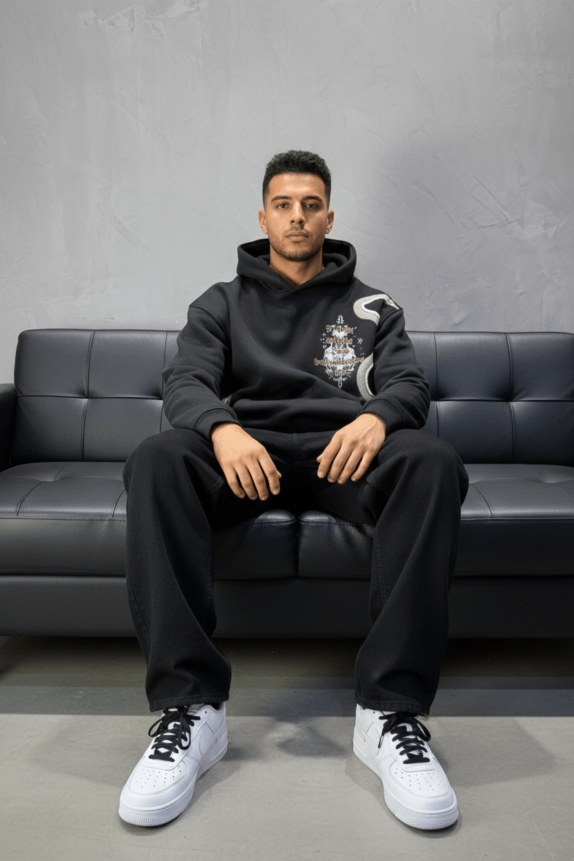 Hoodie Noir Broderie Dragons Argentée 4985 - ZG PREMIUM