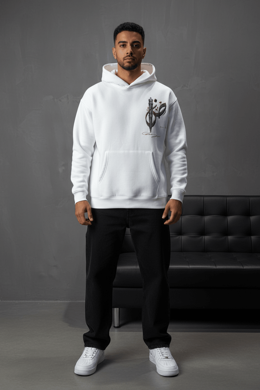 Hoodie Blanc Broderie Sabre Calligraphie Arabe Sann 5010 - ZG PREMIUM