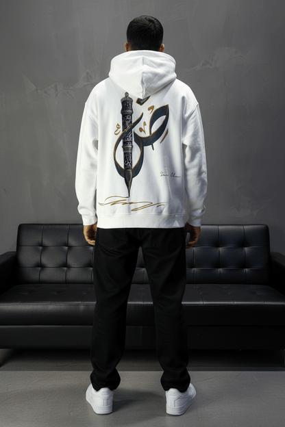 Hoodie Blanc Broderie Sabre Calligraphie Arabe Sann 5010 - ZG PREMIUM