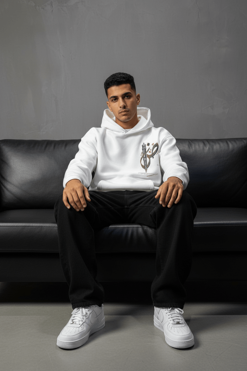 Hoodie Blanc Broderie Sabre Calligraphie Arabe Sann 5010 - ZG PREMIUM