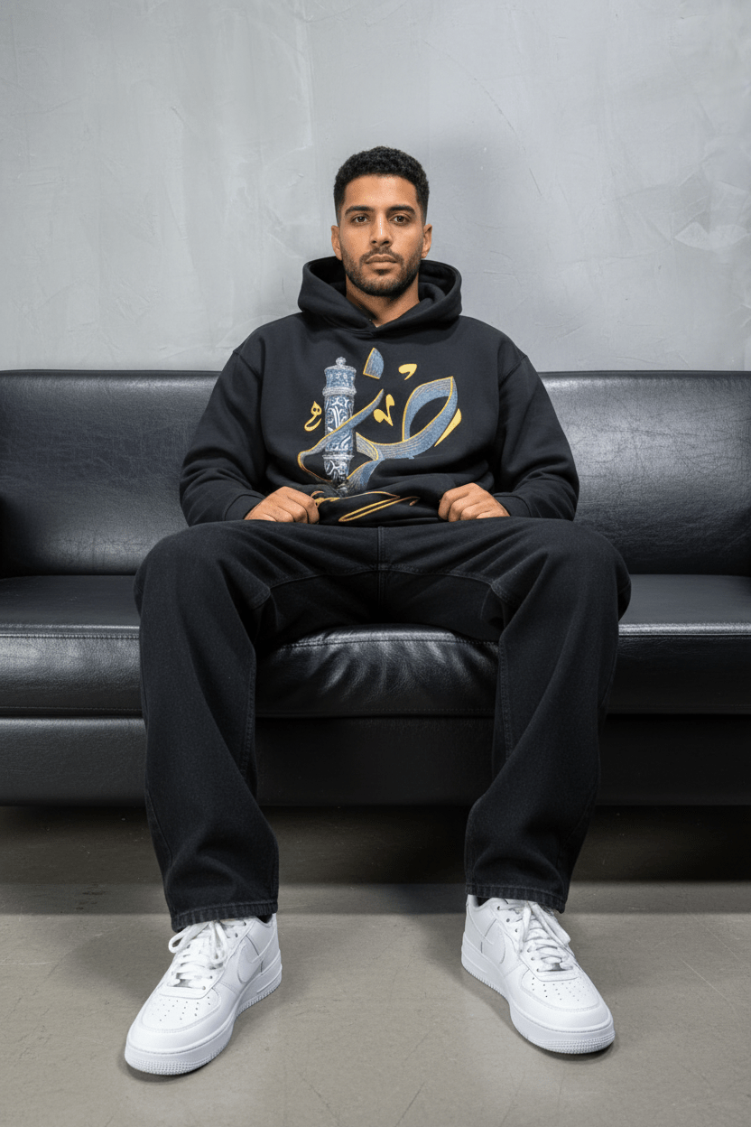 Hoodie noir Broderie Sabre Calligraphie Arabe Sann 5010 - ZG PREMIUM