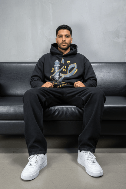 Hoodie noir Broderie Sabre Calligraphie Arabe Sann 5010 - ZG PREMIUM