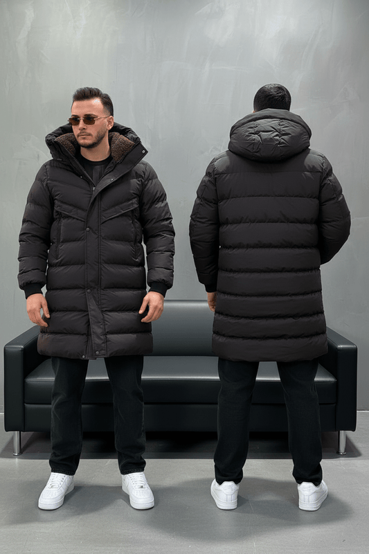 Doudoune Longue Noire avec Col Sherpa vert 1150 - ZG PREMIUM