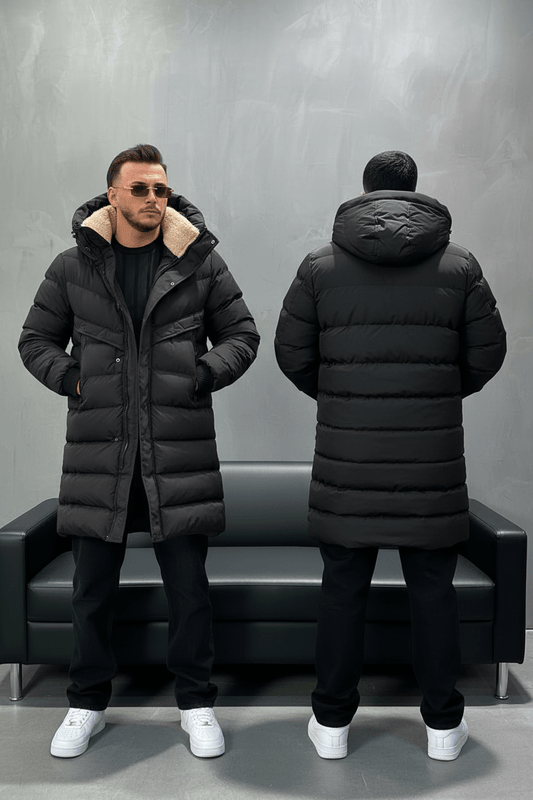 Doudoune Longue Noire avec Col Sherpa beige 1150 - ZG PREMIUM