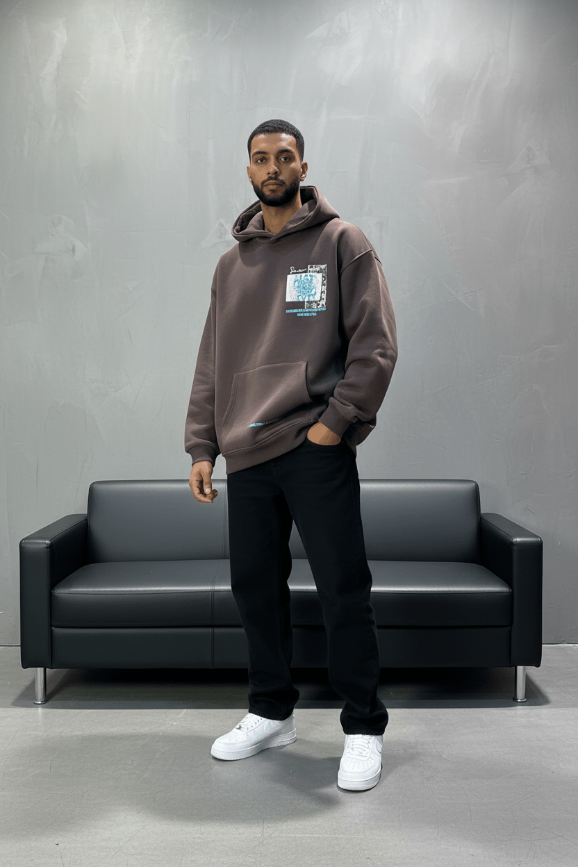 Hoodie Marron Design Artistique Bleu Oversize 5012 - ZG PREMIUM