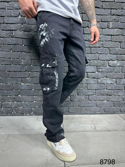 JEANS CARGO BLACK  B8798
