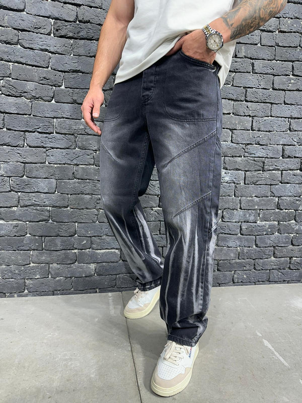 Jeans Baggy Gris Panneaux Diagonaux — B8800