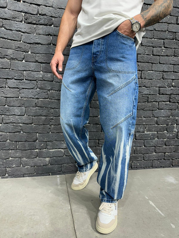 Jeans Baggy Bleu Panneaux Diagonaux & Flammes — B8799