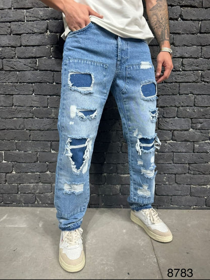 Jean Baggy Blue Patchwork — B8783