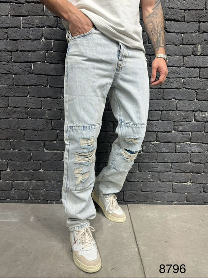 Jeans Baggy Bleu Glacé Destroyé Panneaux — B8796