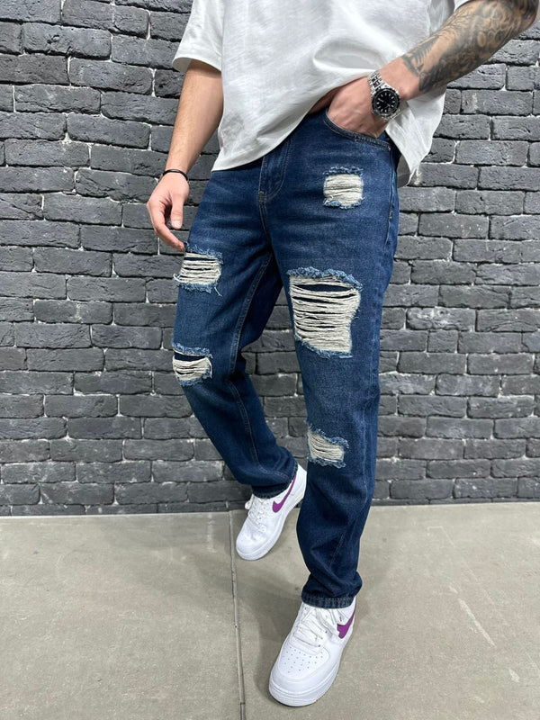 Jeans Baggy Destroyé Heavy Ripped Bleu Foncé — B8971