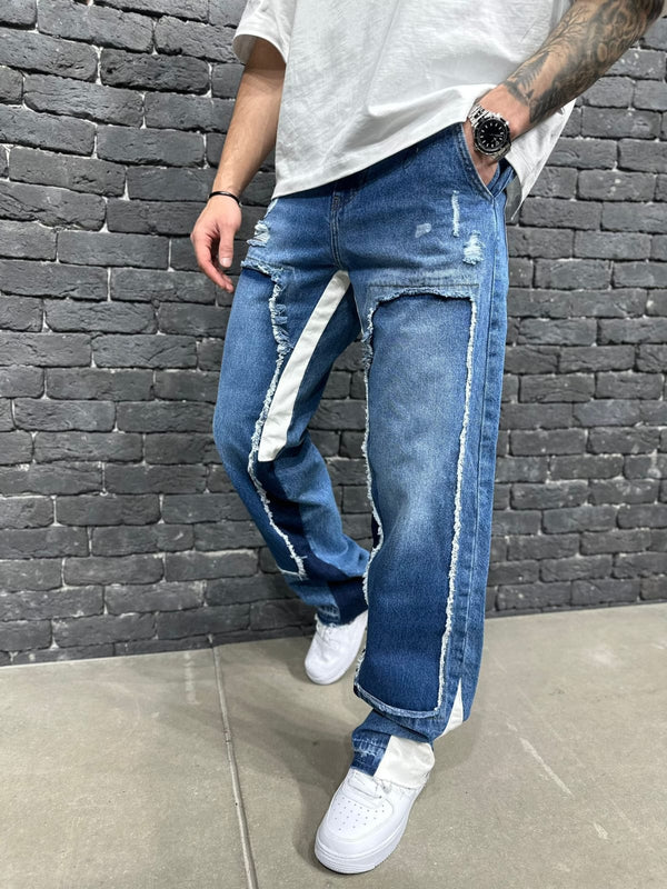 Jeans Baggy Bicolore Patchwork Effiloché — B8906