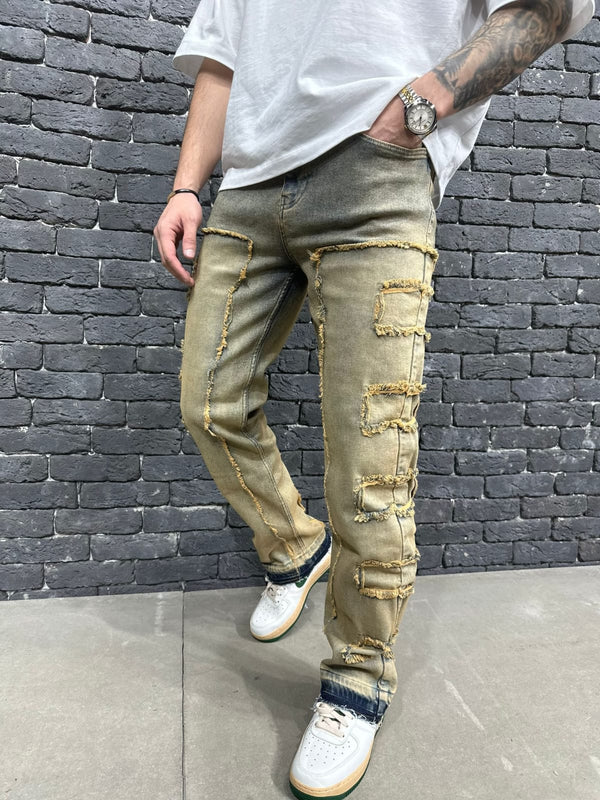 Jeans Baggy Kaki Patchwork Effiloché — B9103