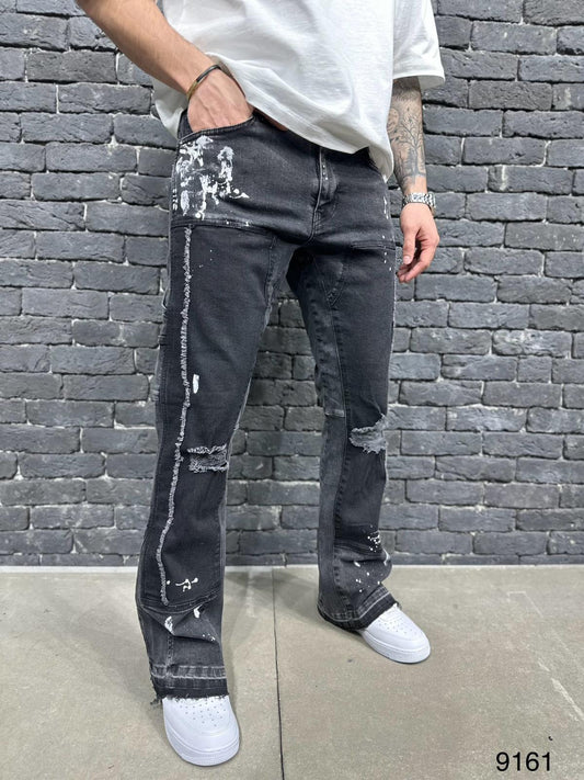 Jeans Flare Noir Destroyé Paint Splatter — B9161