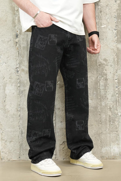Jeans Large Noir avec Imprimé Graphique Tonal ES3275 - ZG PREMIUM