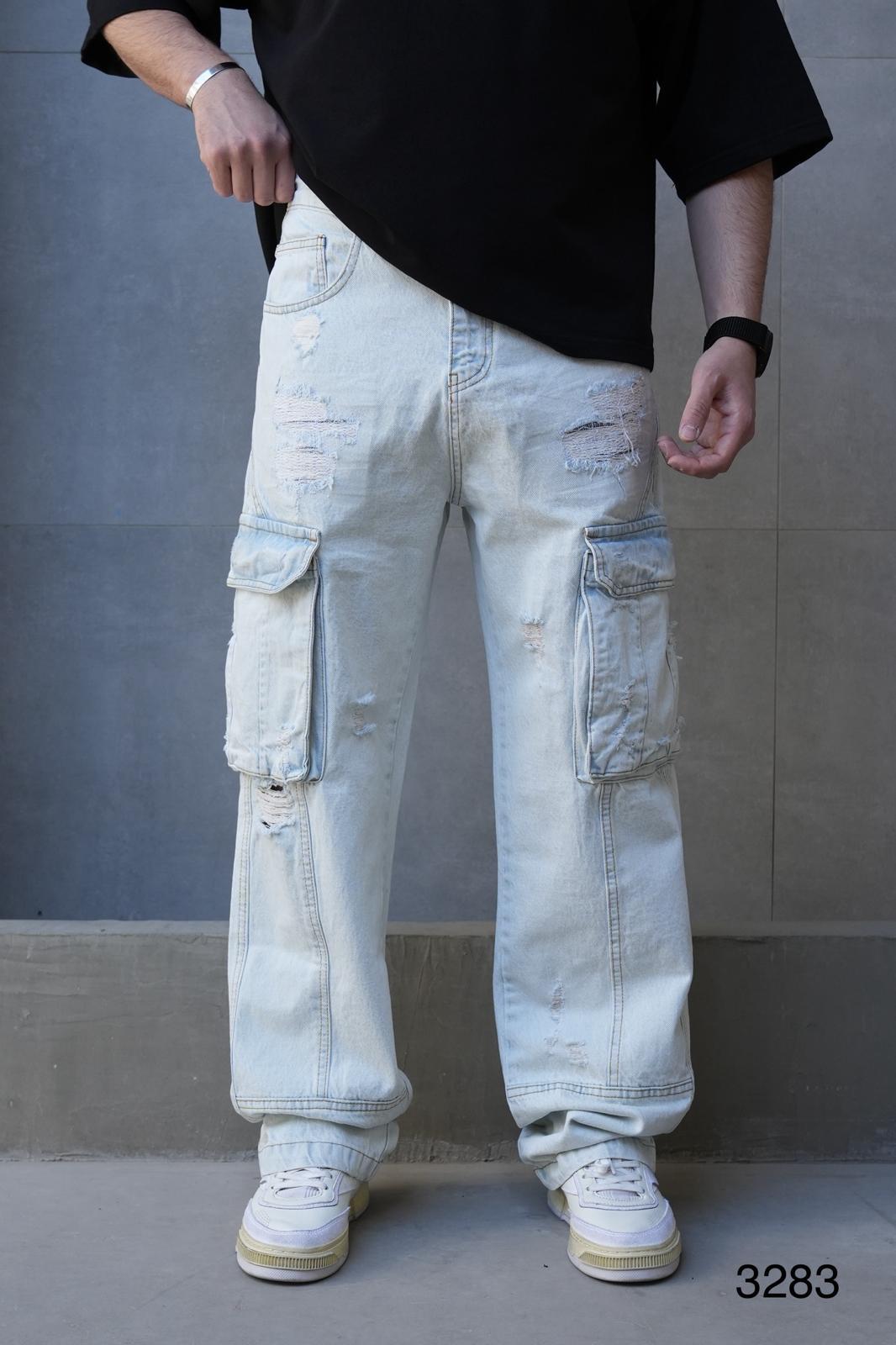 Jeans Cargo Large Bleu Clair Déchiré ES3283 - ZG PREMIUM