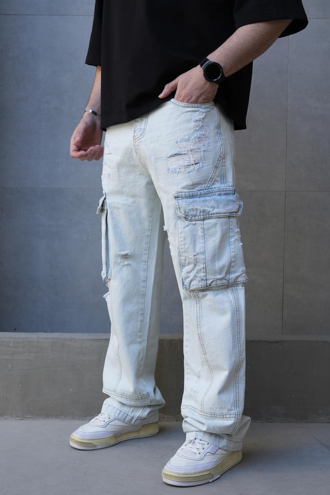 Jeans Cargo Large Bleu Clair Déchiré ES3283 - ZG PREMIUM