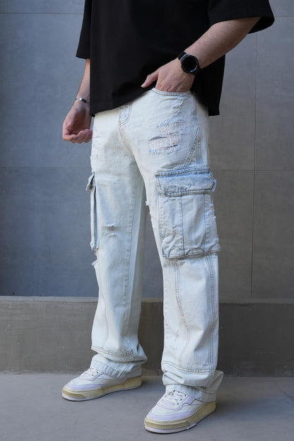 Jeans Cargo Large Bleu Clair Déchiré ES3283 - ZG PREMIUM