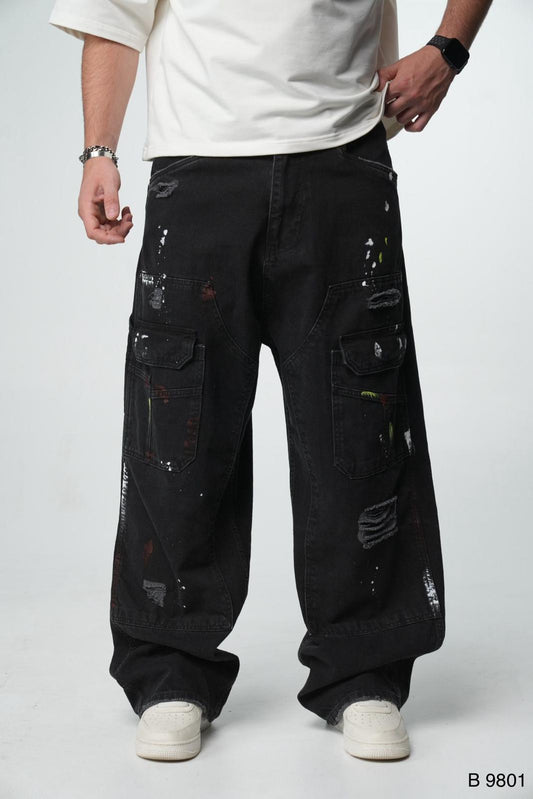 Jeans Cargo Large Noir Déchiré B9801