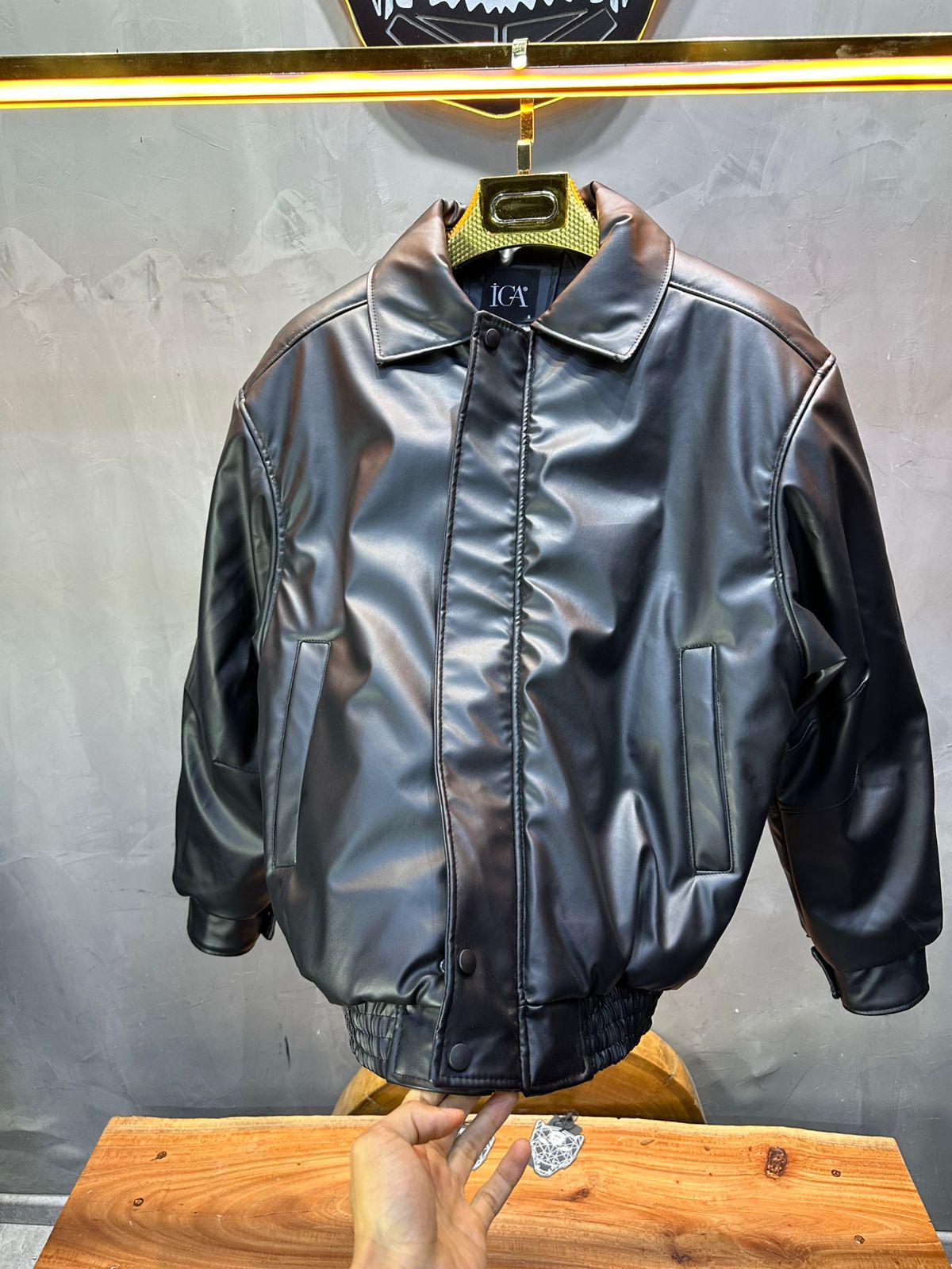 Blouson Bomber Homme Noir Oversize Effet Cuir 5090