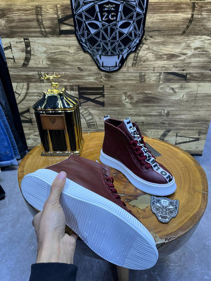 Boots Montantes Bordeaux Semelle Blanche