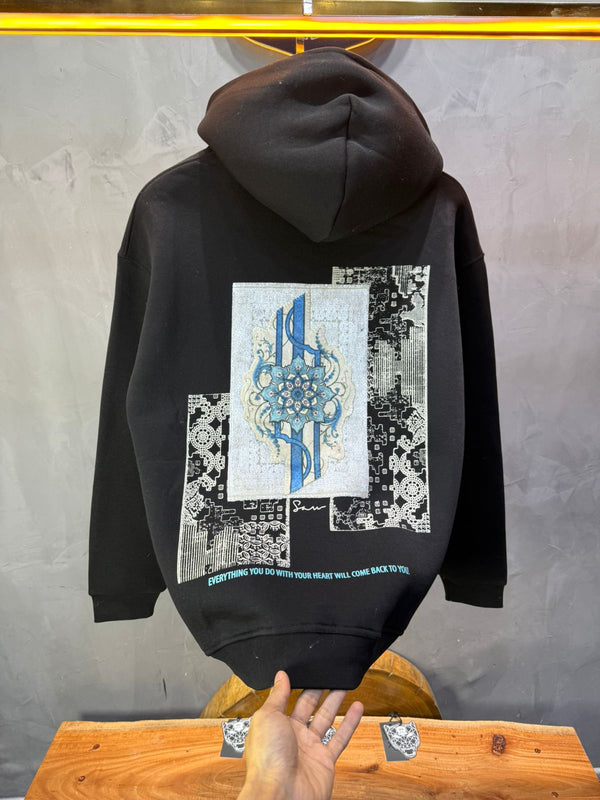 Hoodie Noir Design Artistique Bleu Oversize 5012