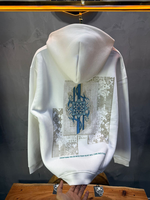 Hoodie Blanc Design Artistique Bleu Oversize 5012