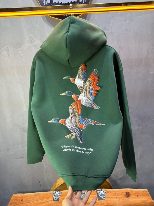 Hoodie vert Broderie Oiseaux Oversize 4996