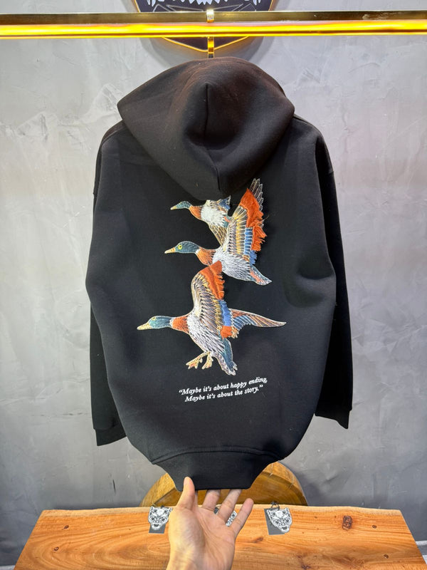 Hoodie Black Broderie Oiseaux Oversize 4996