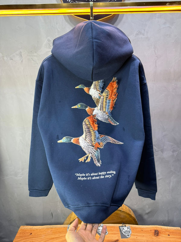 Hoodie Bleu Broderie Oiseaux Oversize 4996