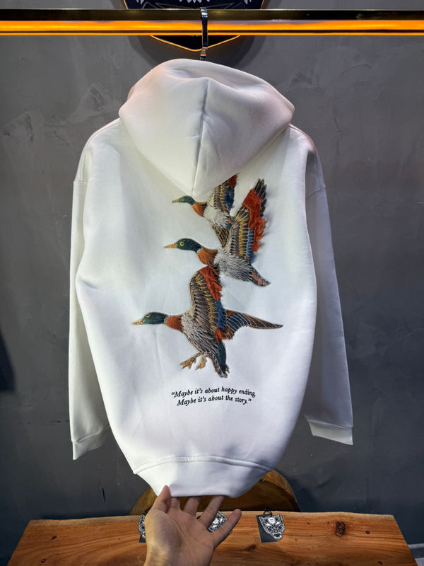 Hoodie Blanc Broderie Oiseaux Oversize 4996