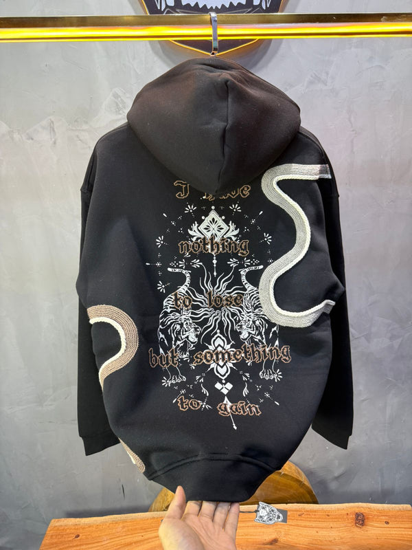 Hoodie Noir Broderie Dragons Argentée 4985