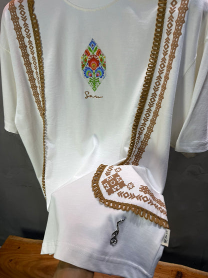 T-Shirt blanc Oversize Broderie Marocaine 5080 - ZG PREMIUM
