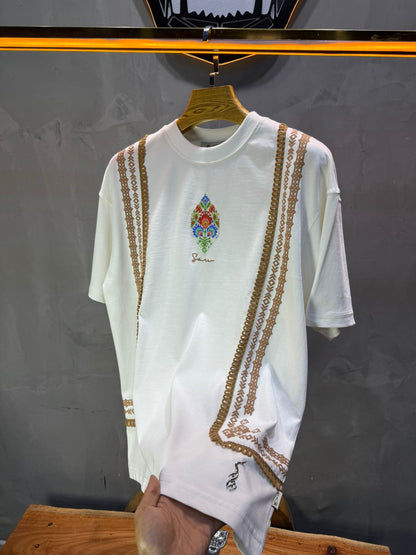 T-Shirt blanc Oversize Broderie Marocaine 5080 - ZG PREMIUM