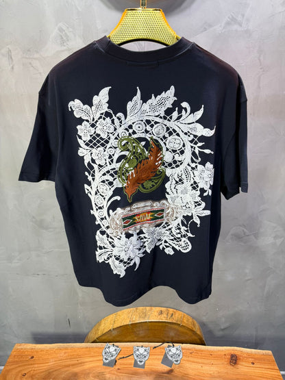 T-Shirt blue Oversize Broderie Dentelle Florale Luxe 5111 - ZG PREMIUM