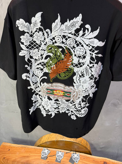 T-Shirt noir Oversize Broderie Dentelle Florale Luxe 5111 - ZG PREMIUM