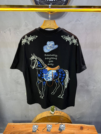 T-Shirt Noir Oversize Broderie Cheval 5054