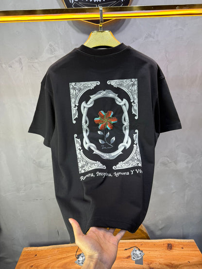 T-Shirt Oversize noir Broderie Fleur Baroque Blanc Premium 5090 - ZG PREMIUM