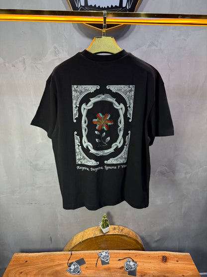T-Shirt Oversize noir Broderie Fleur Baroque Blanc Premium 5090 - ZG PREMIUM