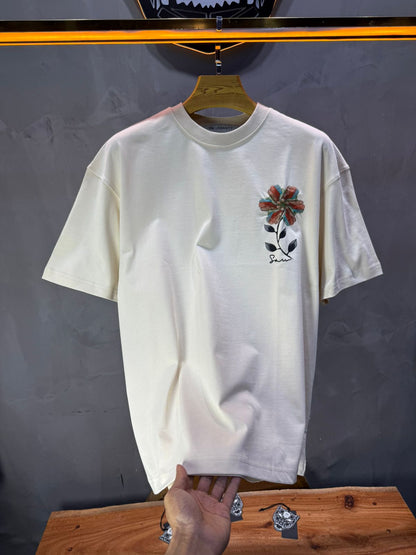 T-Shirt Oversize beige Broderie Fleur Baroque Blanc Premium 5090 - ZG PREMIUM