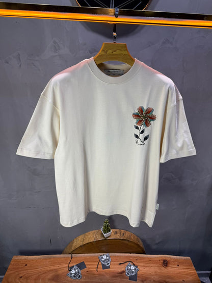 T-Shirt Oversize beige Broderie Fleur Baroque Blanc Premium 5090 - ZG PREMIUM