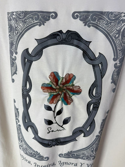 T-Shirt Oversize beige Broderie Fleur Baroque Blanc Premium 5090 - ZG PREMIUM