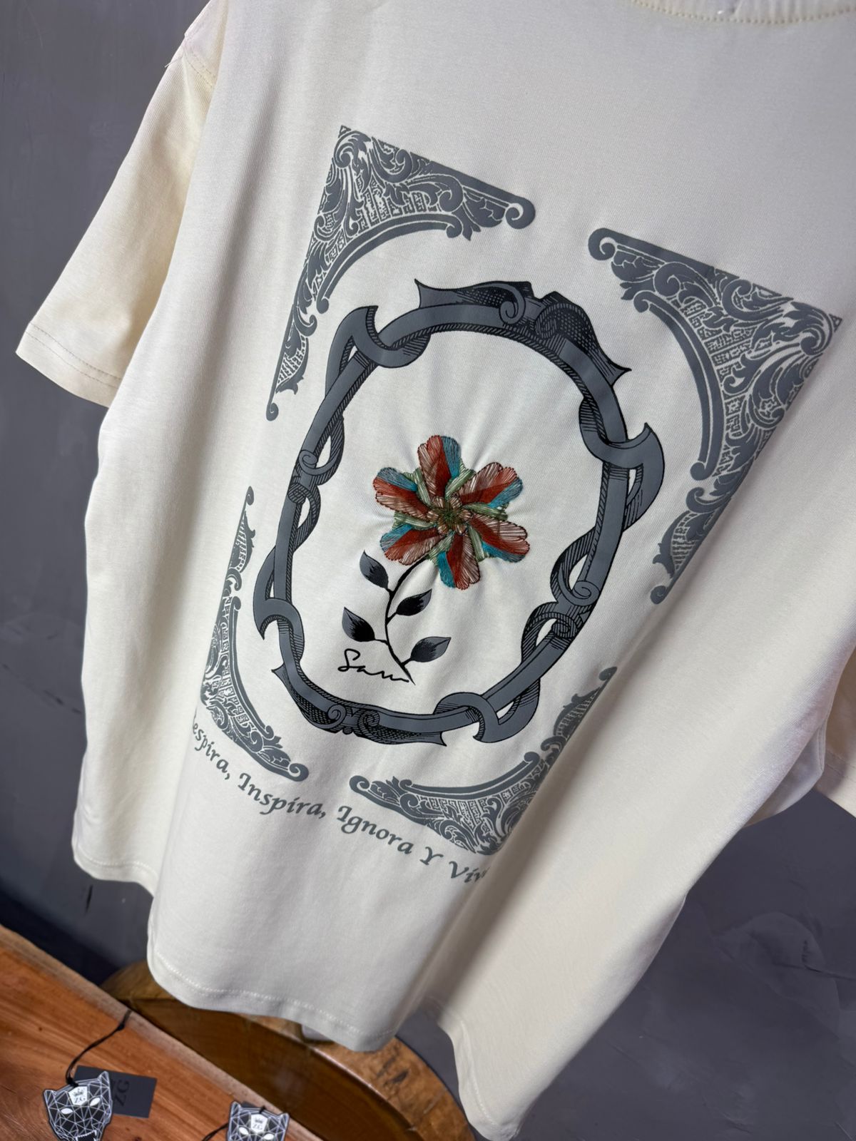 T-Shirt Oversize beige Broderie Fleur Baroque Blanc Premium 5090 - ZG PREMIUM