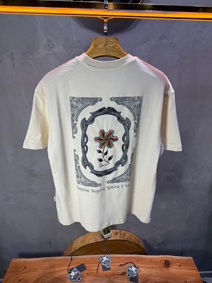 T-Shirt Oversize beige Broderie Fleur Baroque Blanc Premium 5090 - ZG PREMIUM