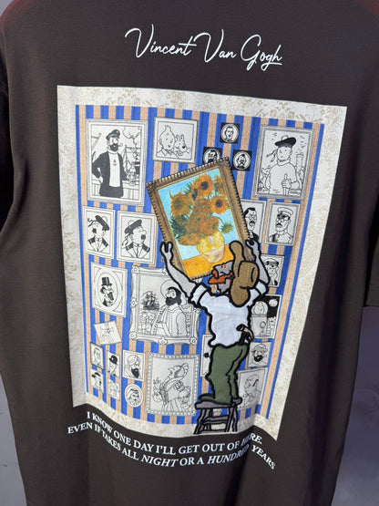 T-Shirt brown Oversize "Van Gogh x Tintin" – Patch Artistique 5083 - ZG PREMIUM