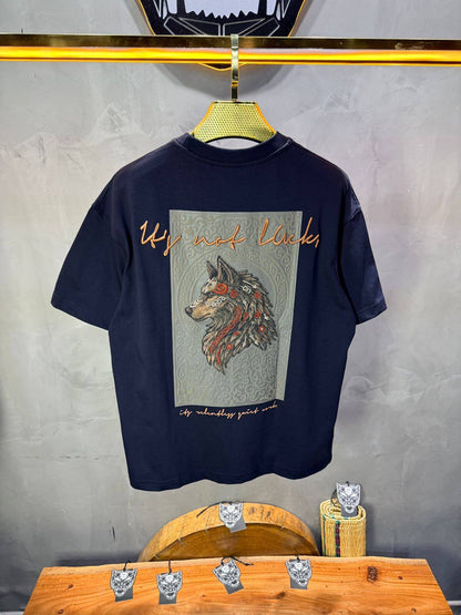 T-Shirt Oversize Navy Blue — Loup Brodé 3D 5158
