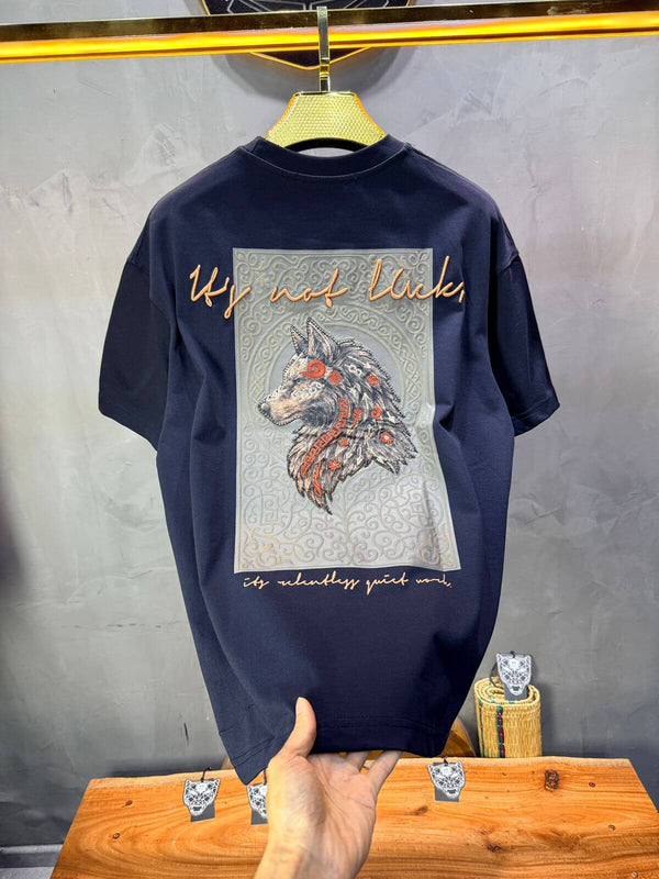 T-Shirt Oversize Navy Blue — Loup Brodé 3D 5158