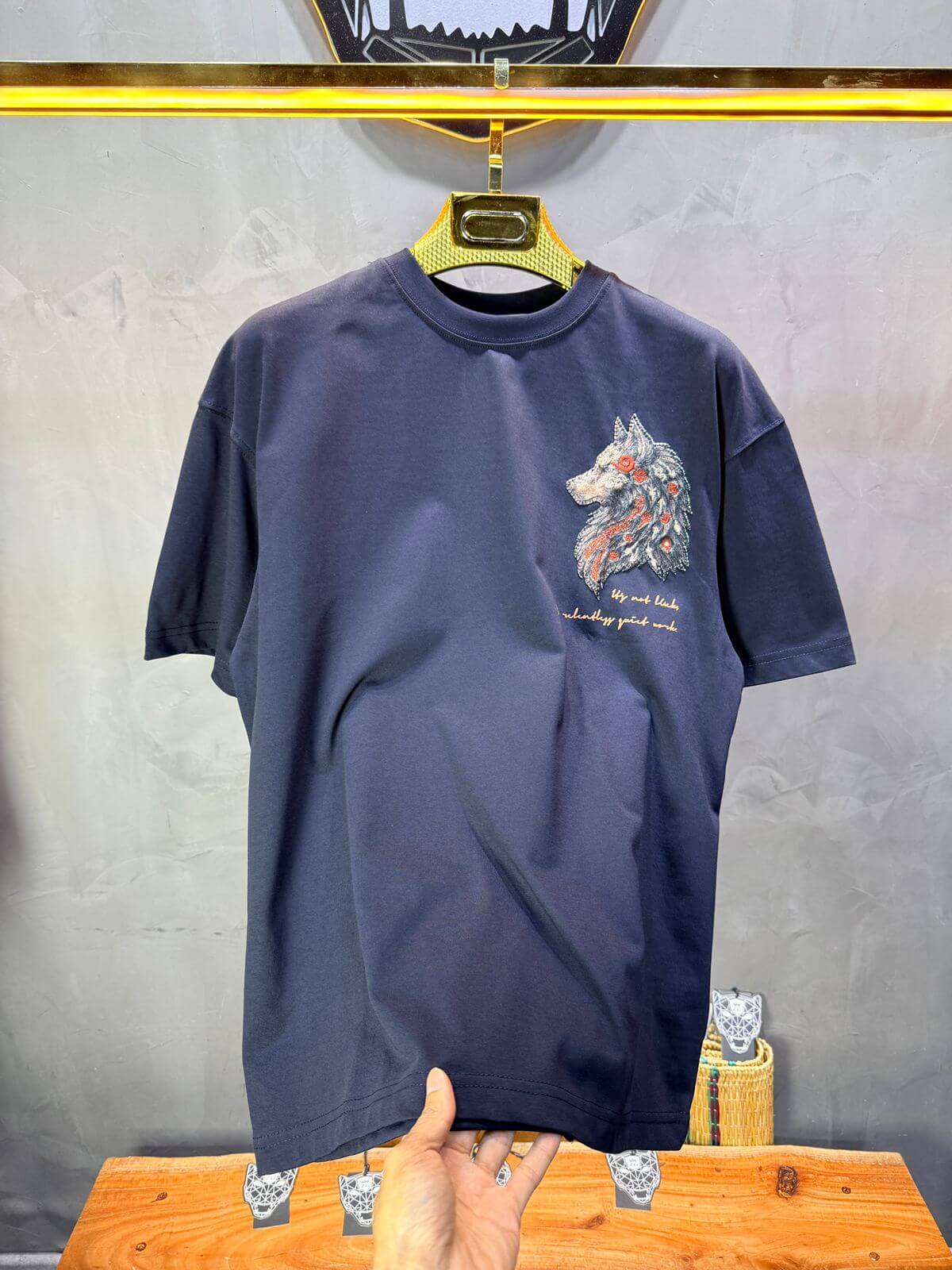 T-Shirt Oversize Navy Blue — Loup Brodé 3D 5158
